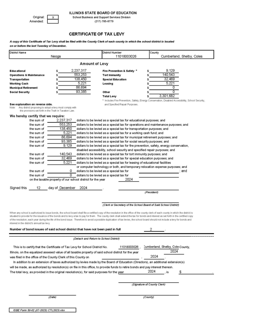 Certificate of Tax Levy